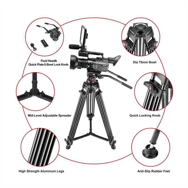 70.9 inch Video Tripod with 75mm Bowl Fluid Head K05